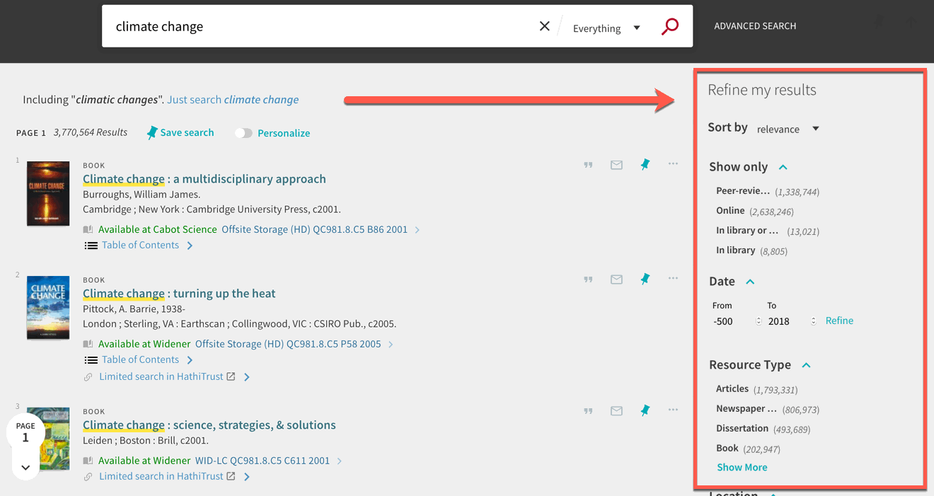 image of search results with filters on right