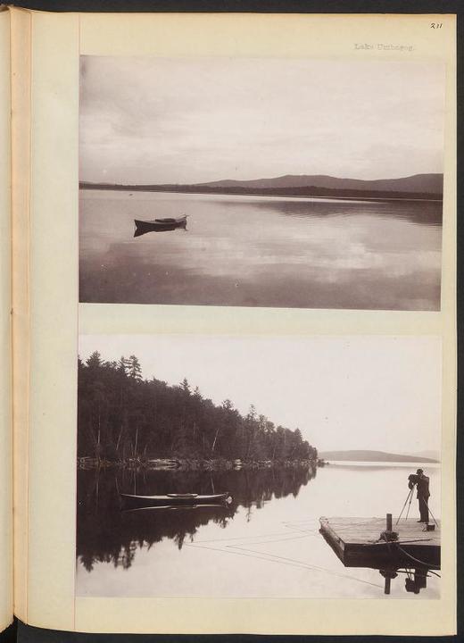 Image of a journal page with two black and white photos attached to it. The top photo is an image of a boat in a lake. The lower photo is a portrait of a person standing on a dock with a camera.