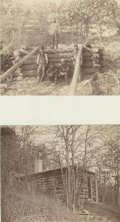 Two images of cabin.