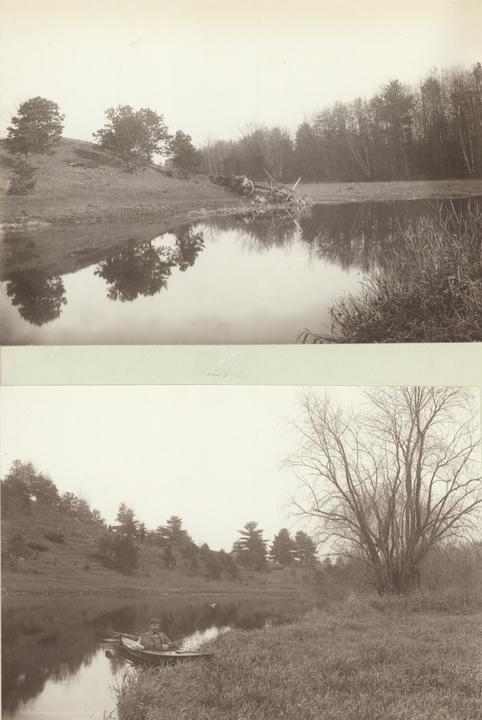 Two images of river, one with man in canoe.