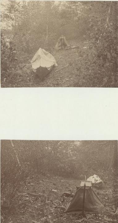 Two photos of campsite with tent and canoe.